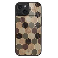 iPhone 15 glazen hardcase - Kubus bruin groen - thumbnail
