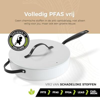 BE Living Hapjespan met deksel ø 28 cm - keramische anti-aanbaklaag - PFAS-vrij - geschikt voor alle warmtebronnen - wit