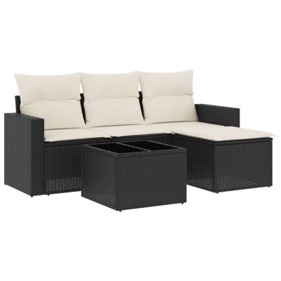 5-delige Loungeset met kussens poly rattan zwart - thumbnail