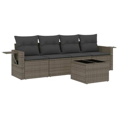 5-delige Loungeset met kussens poly rattan grijs - thumbnail