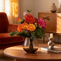 Handgebonden kunstboeket Liva Madrid - Oranje/Rood 50cm - thumbnail