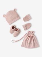 Set babymutsjes, wanten en laarsjes en bijpassend zakje Oeko-Tex® roze (poederkleur) - thumbnail