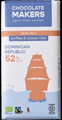 Reep tres hombres 52% melk cacaonibs & koffie bio 80 Gram Reep tres hombres 52% melk cacaonibs & koffie bio 80 Gram