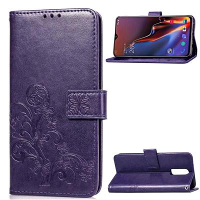 Lucky Clover ingedrukt bloemen patroon lederen draagtas voor OnePlus 6T met houder & kaartsleuven & portemonnee & hand strap (paars)