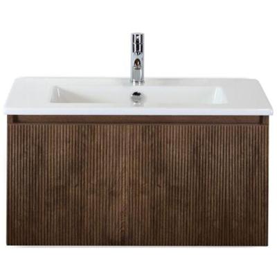 Frozen 3D Badmeubelset 80 cm - Greeplijst in Kleur - Dark Oak - Keramische Wastafel Wit 1 Kraangat