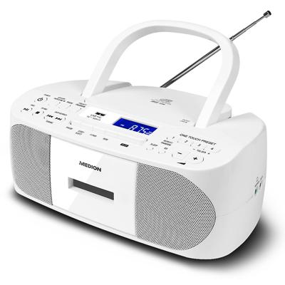 MEDION E65010 stereoradio (CD-speler, cassette, USB-aansluiting, AUX-audio-ingang, MP3-weergave. FM PLL-radio, 40 zendergeheugen, batterijvoeding, afstandsbediening) wit