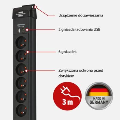 Brennenstuhl 1951164603 Stekkerdoos 6 Sockets | Premium Line | 2x USB-A | Aan/uit Schakelaar | Overspanningsbeveiliging | Type E - BE | Zwart | 3 meter
