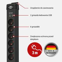 Brennenstuhl 1951164603 Stekkerdoos 6 Sockets | Premium Line | 2x USB-A | Aan/uit Schakelaar | Overspanningsbeveiliging | Type E - BE | Zwart | 3 meter - thumbnail