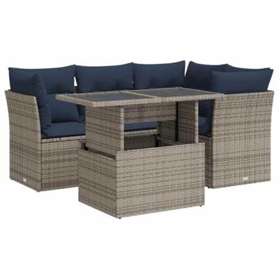 5-delige Loungeset met kussens poly rattan acacia grijs