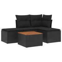 5-delige Loungeset met kussens poly rattan zwart - thumbnail