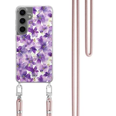 Samsung Galaxy S24 hoesje met rosegoud koord - Floral violet Samsung Galaxy S24 hoesje met rosegoud koord - Floral violet