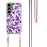 Samsung Galaxy S24 hoesje met rosegoud koord - Floral violet - thumbnail