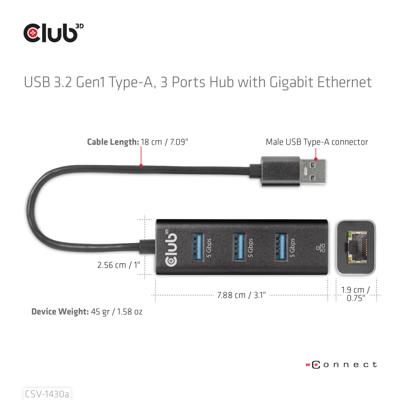 Club 3D USB-A 3.2 Gen1, 3-Ports Hub with Gigabit Ethernet dockingstation