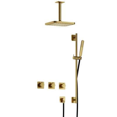 Hotbath Gal - Inbouw Regendoucheset - Geborsteld Messing PVD - 2 Stopkranen - Thermostatisch - Plafondbuis 15 cm - Hoofddouche 220 mm - Staafhanddouche - Glijstang 900 mm - V02
