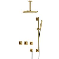 Hotbath Gal - Inbouw Regendoucheset - Geborsteld Messing PVD - 2 Stopkranen - Thermostatisch - Plafondbuis 15 cm - Hoofddouche 220 mm - Staafhanddouche - Glijstang 900 mm - V02 - thumbnail
