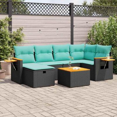 7-delige Loungeset met kussens poly rattan zwart
