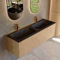 Mondiaz KURVE 140 cm Onderkast Greeploos 2 Lades Zonder Deuren Oak, Wastafel Solid Surface Dubbel Urban 2 Kraangaten Zonder Spiegel (KRVBGS1402L0D2KD-Oak/Urb) - thumbnail