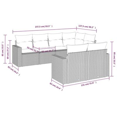 7-delige Loungeset met kussens poly rattan grijs