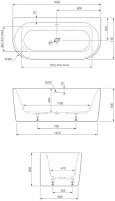 Ben Vana half vrijstaand bad 160x75cm mat wit incl. afvoer met overloop