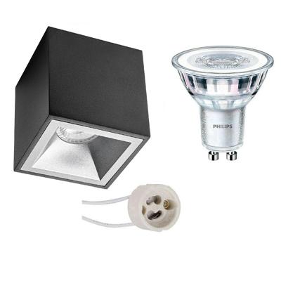 Philips Opbouwspot Set GU10 - Vierkant Mat Zwart/Zilver - Warm Wit 3000K