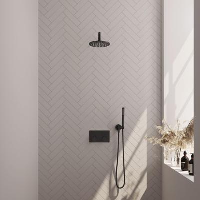 Black Edition thermostatische inbouw regendouche SET 51 - mat zwart, 20 cm douchekop, gebogen muurarm, staaf handdouche, doucheslang en wandaansluitbocht.