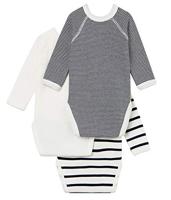 Set van 3 gestreepte babyrompertjes met lange mouwen in biokatoen PETIT BATEAU marine - thumbnail