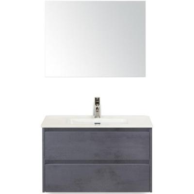 Dante Badmeubelset 80 cm - Beton Antraciet - Keramische Wastafel Wit Cover met Spiegel