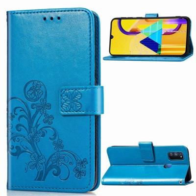 Voor Galaxy M30 vier blad clasp reliëf gesp mobiele telefoon bescherming lederen draagtas met Lanyard & Card slot & portemonnee & beugel functie (bla
