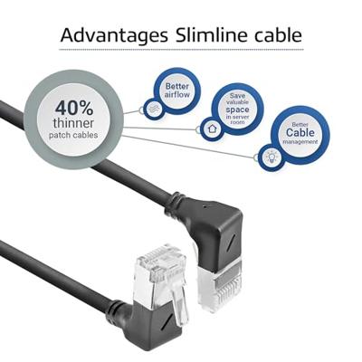 ACT Zwarte 2 meter U/FTP CAT6A LSZH Slimline patchkabel met RJ45 connectoren 90° haaks beneden naar