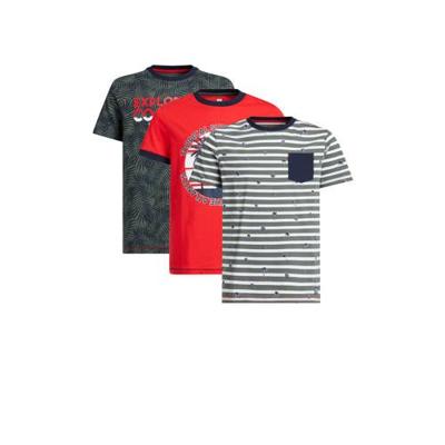 WE Fashion T-shirt - set van 3 grijs/rood/groen