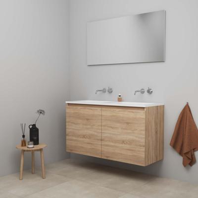 On-Line Badkamermeubelset - 120 cm - Bouwpakket - Greeploos 2 Deuren - Acryl Wastafel - zonder Kraangat - Spiegel - Eiken