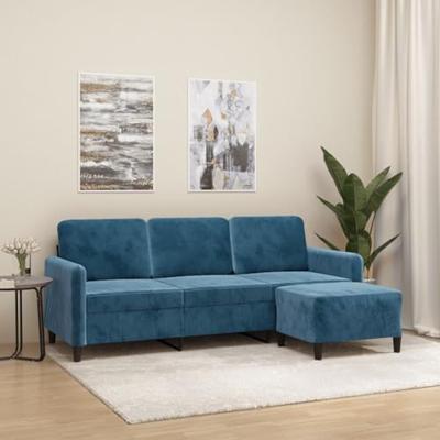 Driezitsbank met voetenbank 180 cm fluweel blauw