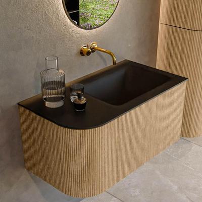 Mondiaz KURVE 85 cm Onderkast Greeploos 1 Lade Met Deuren Oak, Wastafel Solid Surface Rechts Urban 0 Kraangaten Zonder Spiegel (KRVCLO85L1L1D0KR-Oak/Urb)