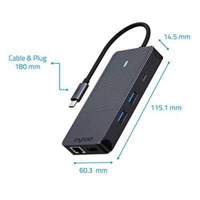 Rapoo USB-C Multiport Adapter, 10-in-1, grijs Desktop accessoire Zwart