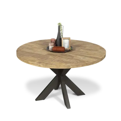 Eettafel (rond 130cm - poot 10x5cm) Steelwood - Seasoned Brown/Metaal Zwart