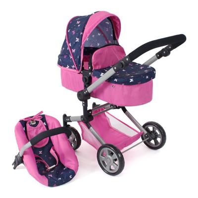 Combi-poppenwagen Linus Plus - Vlinders Navy Roze Combi-poppenwagen Linus Plus - Vlinders Navy Roze