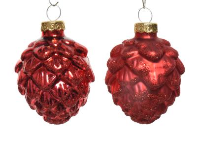 Decoris Kerstballen glas dennenappel 6st kerstrood 5x7cm