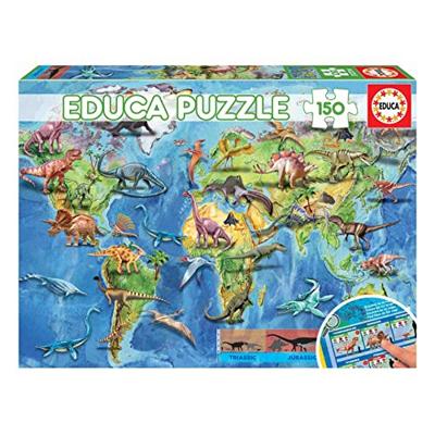 Puzzel wereldkaart dino's - 150 stuks - EDUCA blauw