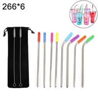 8 stuks herbruikbare siliconen Tips RVS drinken rietjes + 2 stk Cleaner penselen Set Kit met Cashmere tas 266 * 6mm - thumbnail