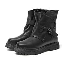Leather Martin Boots Female Herfst en Winter Middle Tube Retro Lederen Boots Maat: 39 (Zwart Plus Fluweel) - thumbnail