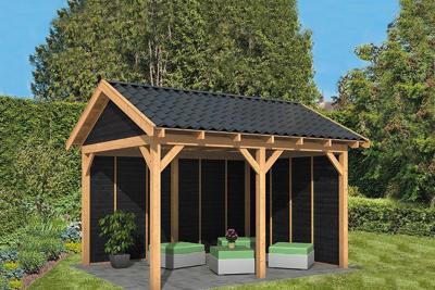 Tuindeco Hamar L Overkapping type 2 478x395 cm Lariks/Douglashout blank en Zweeds rabat zwart- Zadeldak- Onbehandeld lariks Douglas hout- Tuindeco