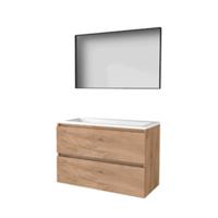 Basic-Line Framed 46 Badkamermeubelset - 100 x 46 cm - Greeploos - 2 Lades - Acryl Wastafel - 2 Kraangaten - Spiegel met Zwart Aluminium Frame - Whisky Oak - thumbnail