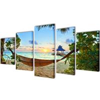 VidaXL Canvas muurdruk set zandstrand met hangmat 200 x 100 cm - thumbnail