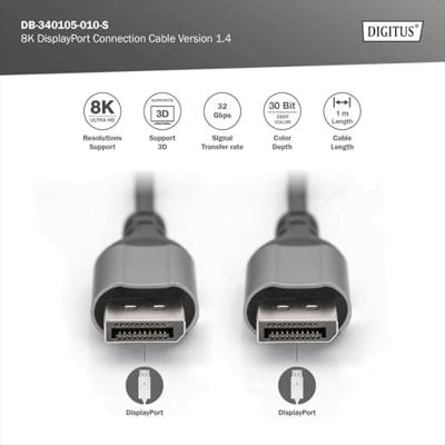 Digitus DB-340105-010-S DisplayPort Adapter [1x DisplayPort stekker - 1x DisplayPort stekker] Zwart Afgeschermd, Rond 1 m
