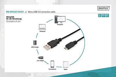 DIGITUS USB 2.0 aansluitkabel - 1.8 m - USB A (St) naar USB Micro B (St) - 480 Mbit/s - Blister - Zwart