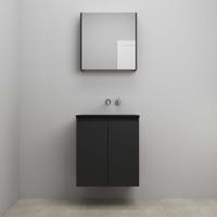 On-Line Badkamermeubelset - 60 cm - Bouwpakket - Greeploze Ladestructuur - Acryl Wastafel - zonder Kraangat - Spiegelkast - Mat Zwart - thumbnail