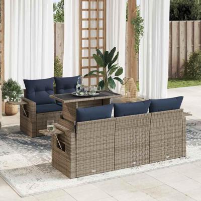 6-delige Loungeset met kussens poly rattan acacia zwart