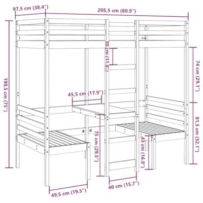 Hoogslaper met bureau en stoelen grenenhout wit 90x200cm
