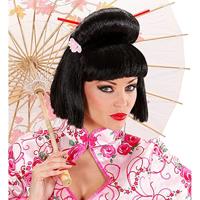 Pruik Geisha met Bloem en Chopsticks - thumbnail