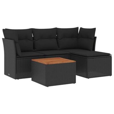 5-delige Loungeset met kussens poly rattan zwart